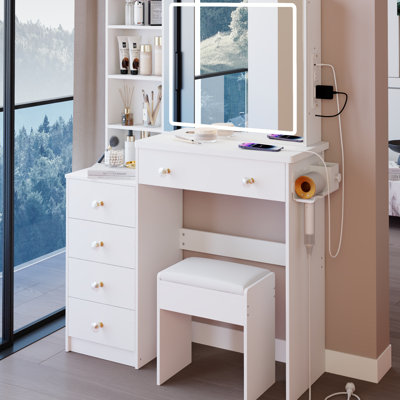 Meuble-lavabo de 37 po avec tabouret de chevet, 2 prises AC + 2, support pour sèche-cheveux, grand miroir coulissant à commande tactile 24 po x 22 po à 3 interrupteurs de couleur, matériau de conception américaine et commode