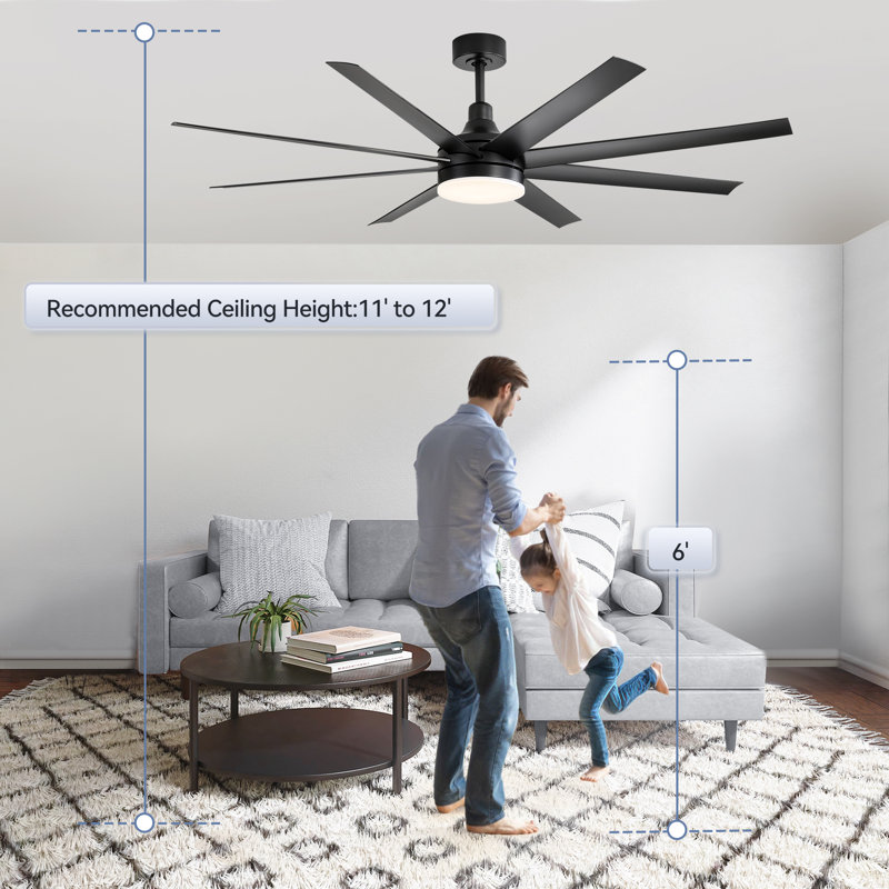 Ventilateur de plafond standard à 8 pales avec télécommande et ensemble d'éclairage Jamii-Leigh inclus, Noir, 65", Noir
