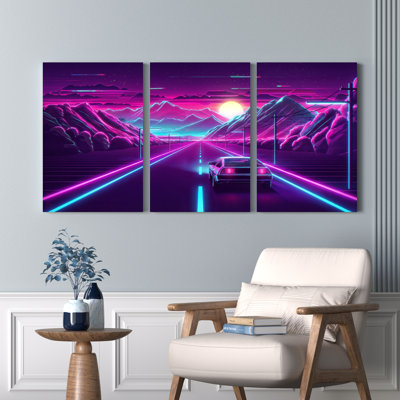 Neon Retro Futuristic Car Road Landscape Canvas Wrapped Wall Art Oil Painting Print Set Of 3