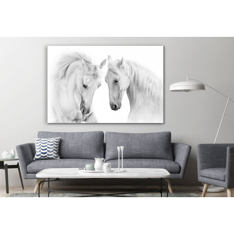 Couple de cheval blanc sur fond blanc, H 16 po x l 24 po x P 1 po