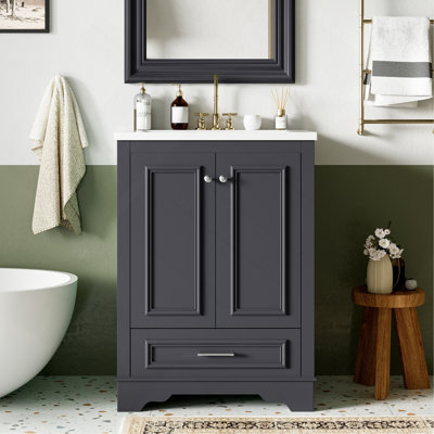 Meuble-lavabo 24 po avec lavabo en céramique, armoire de rangement autoportante moderne avec poignées argentées, portes à fermeture douce