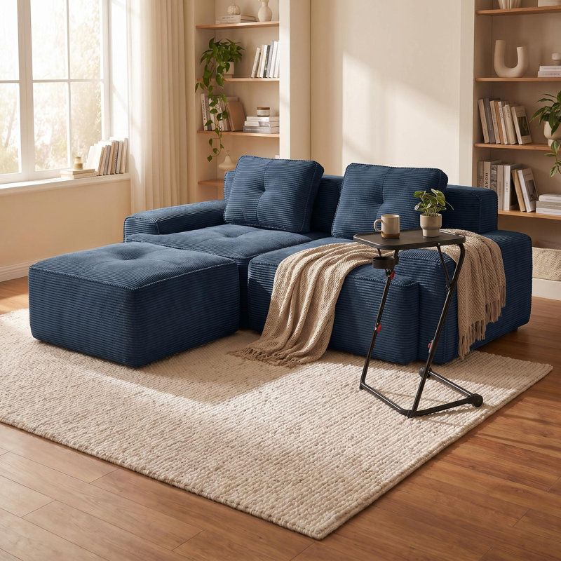 Canapé modulaire en forme de L 80 po avec repose-pieds et plateau de télévision pliable en L, fauteuils 2 places en velours côtelé avec ensemble Latop, appartement de 2 pièces sans assemblage pour la chambre à coucher, bleu marine