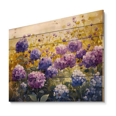 Summer Hydrangea Blooms In The Meadow I - Hydrangea Wood Wall Art - On Natural Pine Wood
