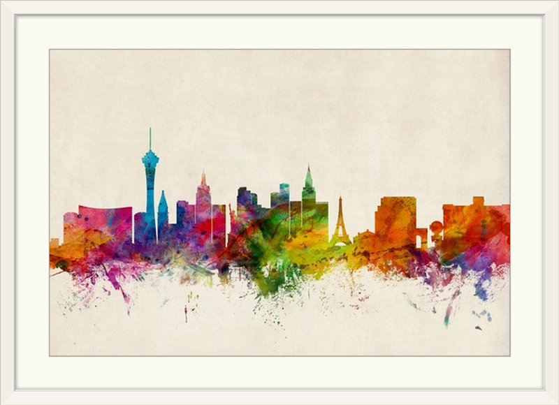 «Las Vegas Nevada Skyline» par Francy, impression, Cadre blanc, H 20 po x l 26 po x P 1 po