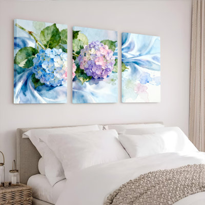 «Hydrangea», impression sur toile tendue à l'aquarelle sur toile, ensemble de 3