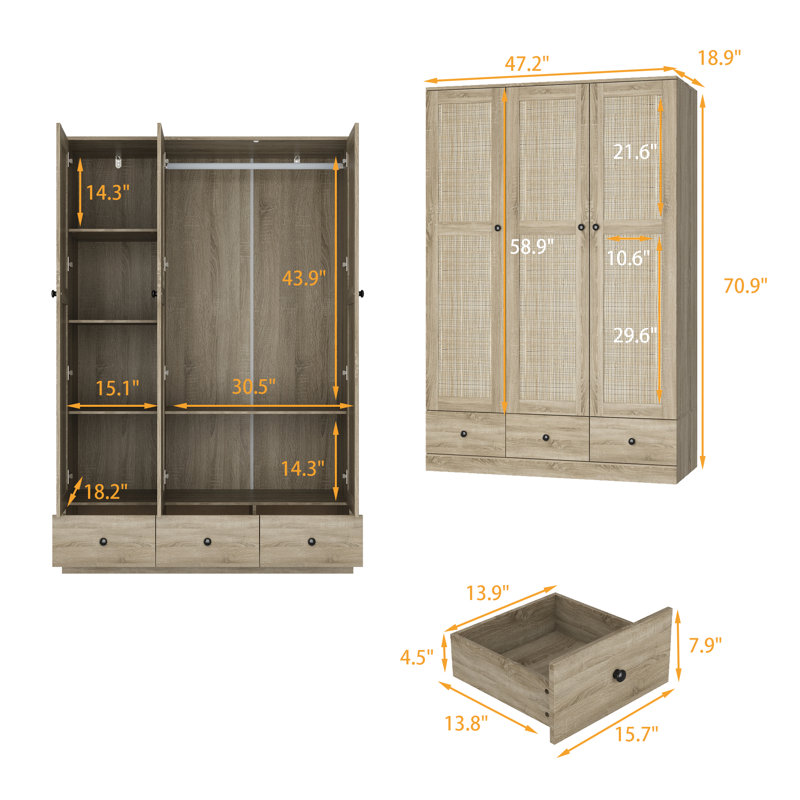 Modern 3-Door Wardrobe With Rattan Panels, Spacious Drawers, And Adjustable Shelving For Bedroom Organization