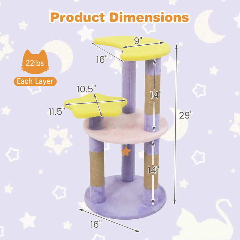 Arbre à chat 29 po avec plateforme en forme d'étoile et de lune, 29 po, Mauve / jaune