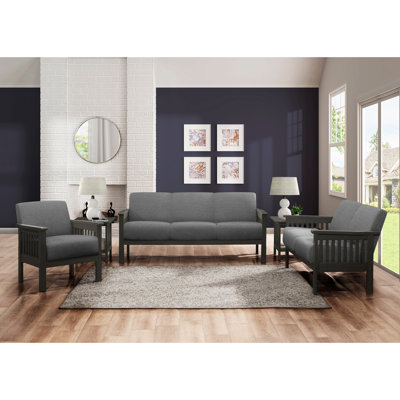 Bois massif gris avec coussins de dossier fixes et revêtement en tissu texturé. Rembourrage en mousse de transition. Structure en bois d'hévéa.
