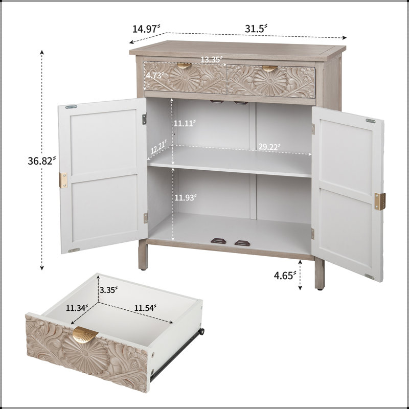Armoire décorative sculptée à la main avec tiroir floral en relief et poignées dorées