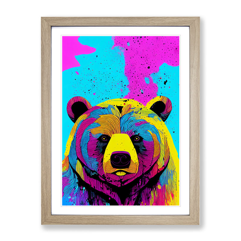 Colourful Bear No.3 - Wall Art, 36cm H x 27cm W x 2cm D, Oak Framed, White
