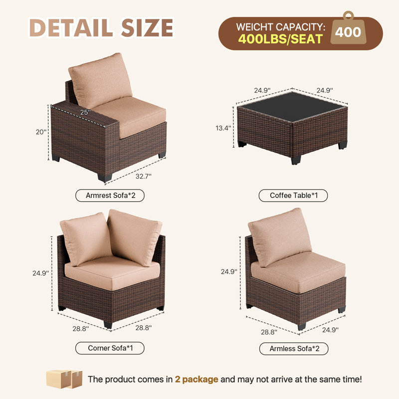 6 Pieces Outdoor Patio Furniture Set, With Cushions And Glass Coffee Table, Pe Rattan Outdoor Wicker Sectional Furniture Sofa Set
