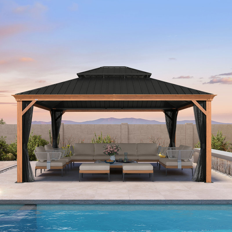 PURPLE LEAF 14' X 16' Outdoor Hardtop Gazebo For Patio Galvanized Steel Double Roof Permanent Canopy Teak Finish Coated Aluminum Frame Pavilion Gazebo With Netting