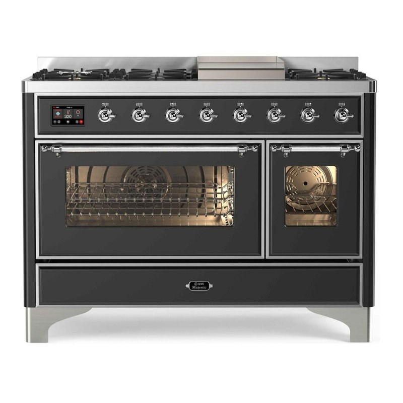ILVE Majestic II Series 48 inch Dual Fuel Range with 8 Sealed Burners, Griddle (Glass Door), Liquid Propane