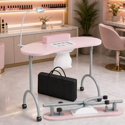 Table de manucure pliante portable avec lampe DEL, collecteur de poussière, roues, rose / blanc / noir