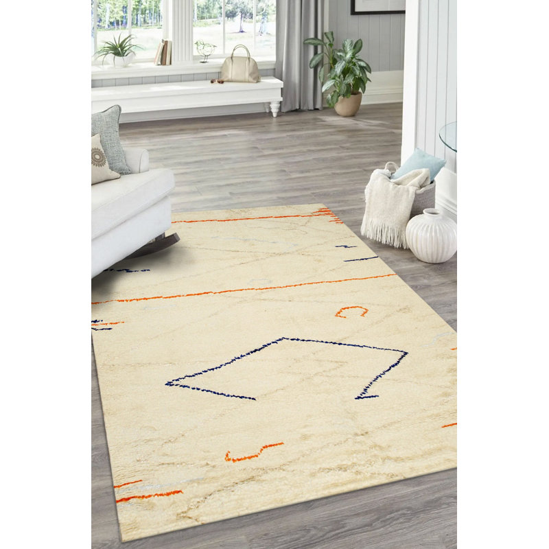 Tapis ivoire moderne en laine noué à la main à motif géométrique abstrait, 10 pi x 14 pi