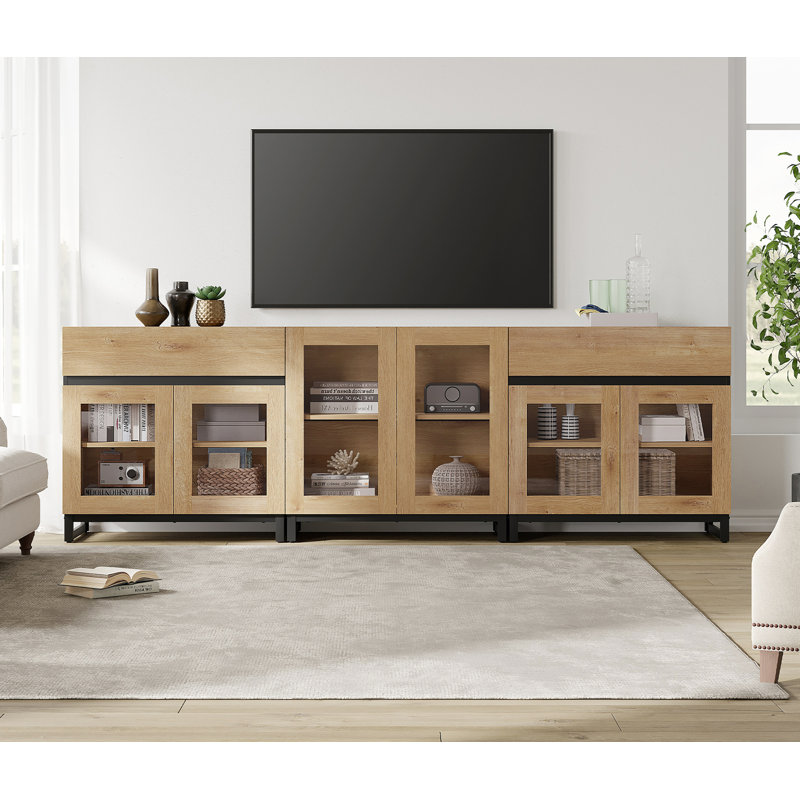 Modern TV Stand For Tvs Up To 100 Inch, 3 In 1 TV Console With Glass Doors And 2 Drawers, Entertainment Center With Adjustable Shelf For Living Room, Bedroom