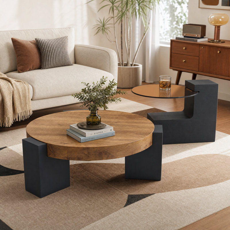 Ensemble de 2 tables basses gigognes rondes modernes avec plateau en verre trempé et imitation bois, Bois, Noir