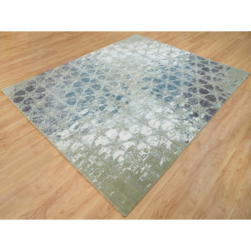 Tapis noué à la main 8 pi x 9 pi 10 po gris et bleu en laine et soie