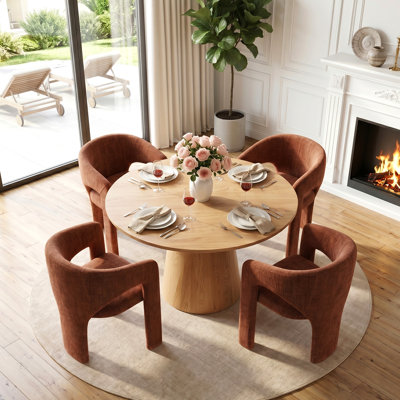 5-Piece Mid-Century Round Dining Set With Oak Finish Pedestal Table For 4