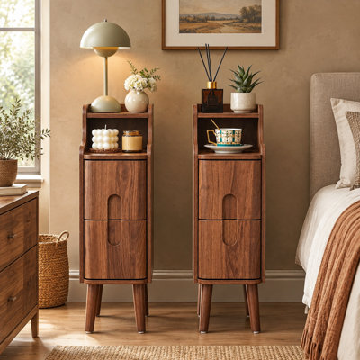 Walnut-2 pcs Narrow Nightstand Set of 2 with 2 Drawers, Natural Wood Slim Side Table and Modern Skinny Bedside End Table for Bedroom