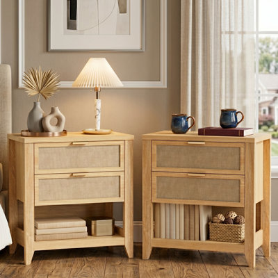 Modern Farmhouse 2-drawer Nightstand Set Of 2 With Open Storage Cubby, Light Oak Finished Accent End Tables