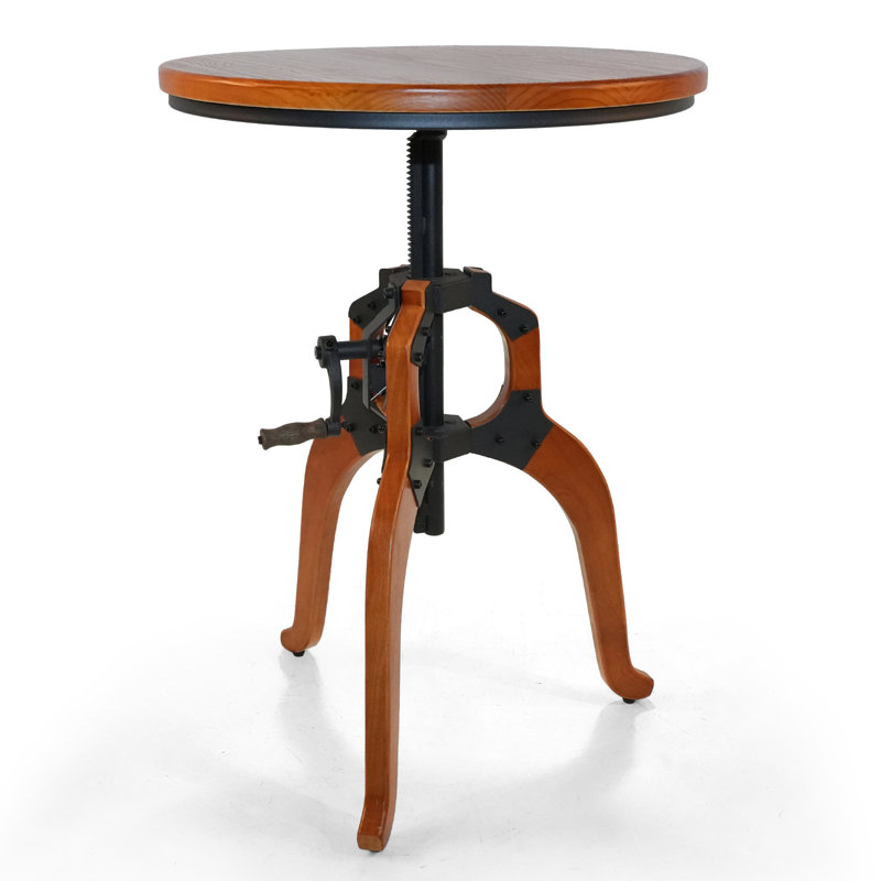 American Antique Industrial DIY Crank Table Wooden Three-Legged Table Bar Table Accent End Table, 23.62"L x 23.62"W