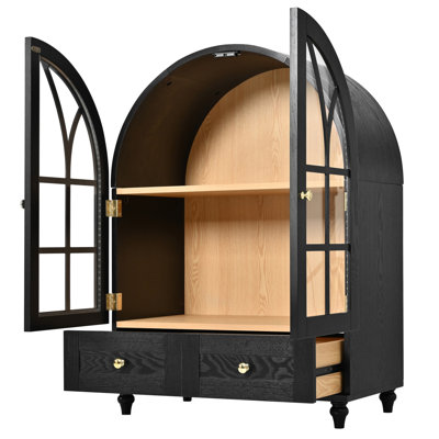 Vitrine arquée avec portes en verre trempé, armoire de rangement en bois avec finition grain de bois naturel, pieds d'appoint en bois massif avec tiroirs pour le salon, la salle à manger, le bureau
