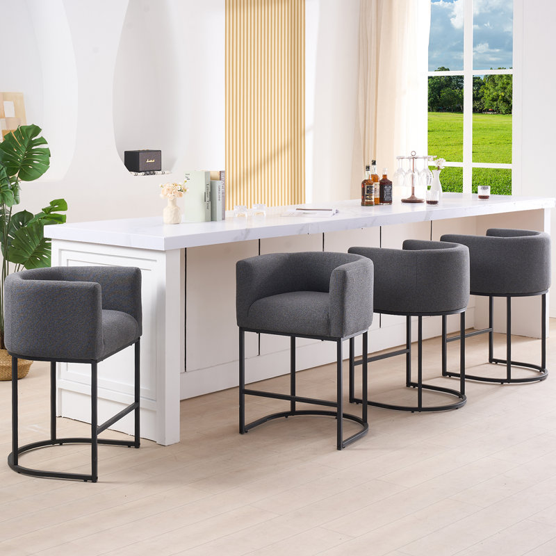 26" Upholstered Barrel Counter Stool, 4, Dark Gray, Black
