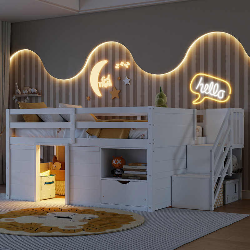 Structure de lit mezzanine pleine grandeur en bois massif avec escalier intégré, tiroir de rangement, tablette et lumière DEL 7 couleurs pour chambre d'enfant, blanc