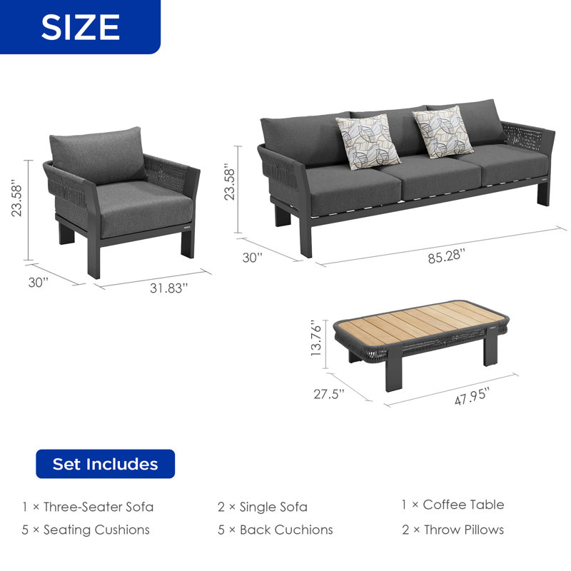 Ensemble de conversation pour 5 personnes avec coussins, Gris foncé