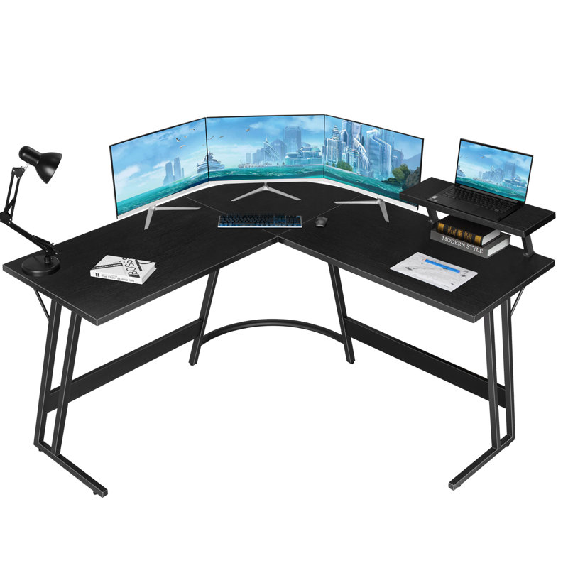 Black L-Shaped Computer Desk with Monitor Stand and Metal Frame