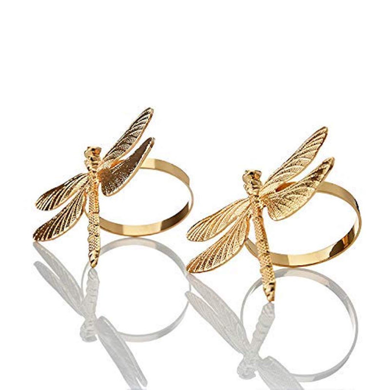Set of Gold Coloured Napkin Rings in Dragon Fly Shape for Elegant Kitchen and Dinner Table Settings