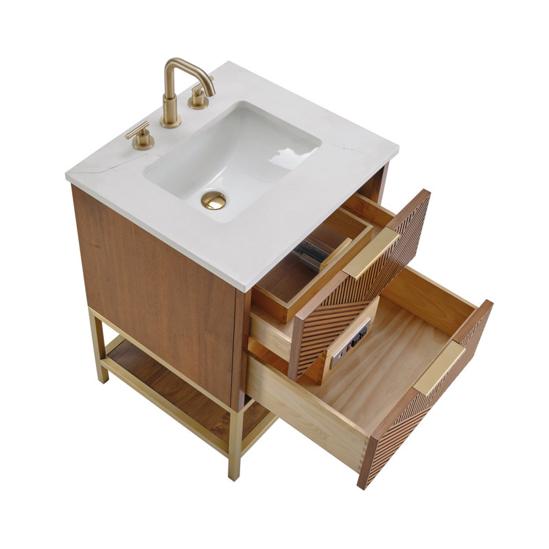 Ensemble de meuble-lavabo 24 po Diamond, Quartz Calacatta, Noyer, Laiton satiné