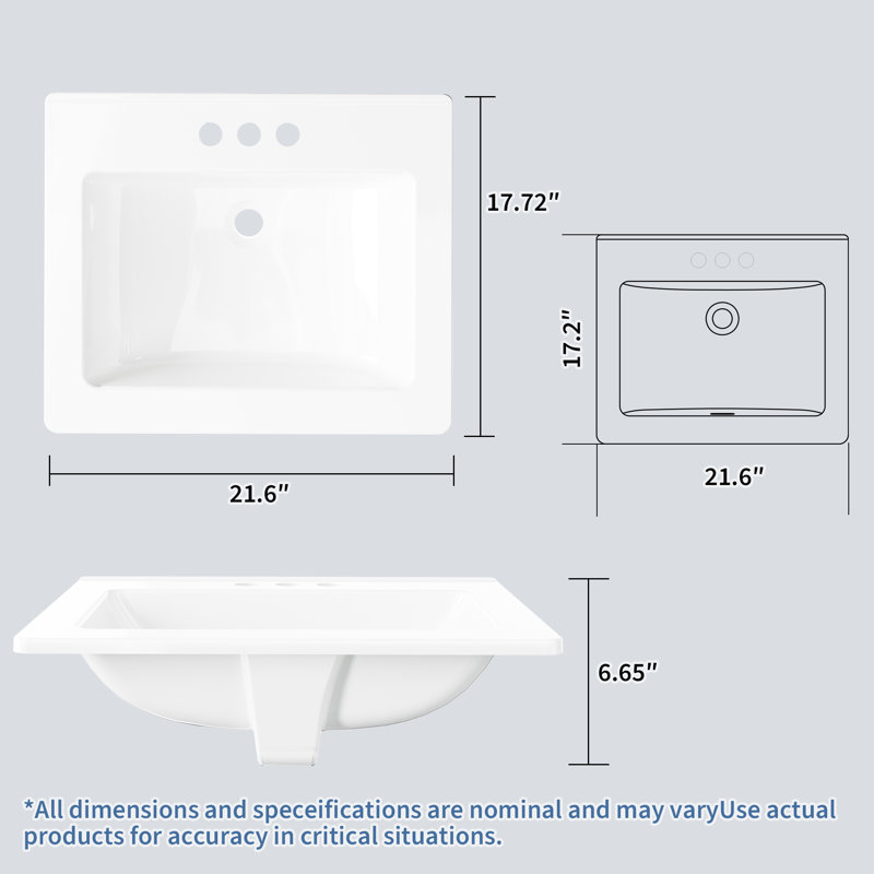 Vasque semi-encastré en céramique blanche de 21 x 18 pouces avec 3 trous de robinet pour petite salle de bain.