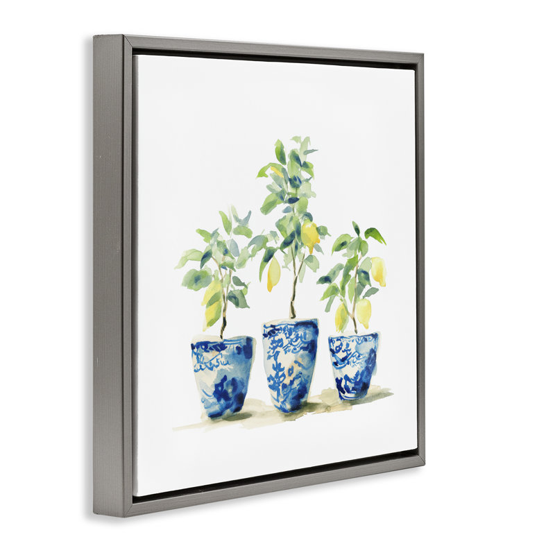 Cadre flottant citrons dans des pots bleus, design par Svetlana Aleynikova, H 25 po x l 25 po, Cadre flottant gris lustré