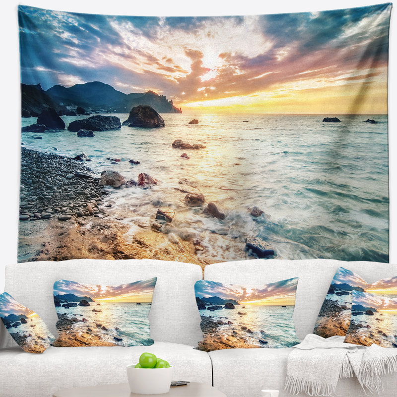 Tapisserie «Seashore Summer Sea» avec montagnes et vagues, H 50 po x l 60 po