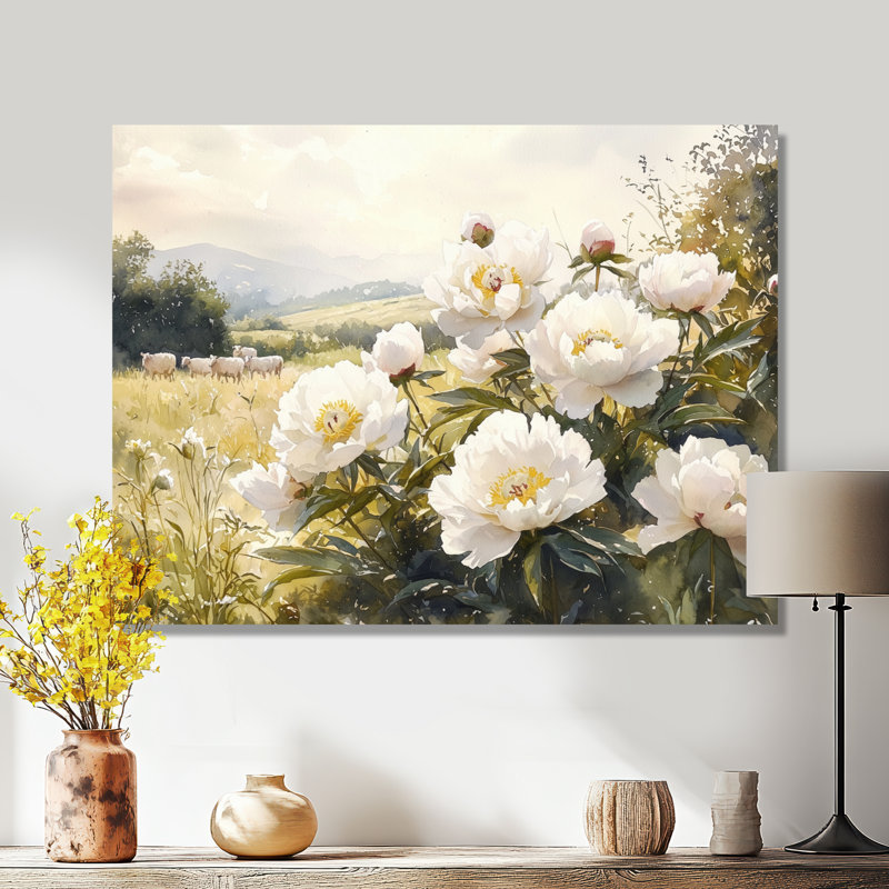 Pivoines près du champ de pâture I - Pivoines, impression sur métal, H 24 po x l 32 po