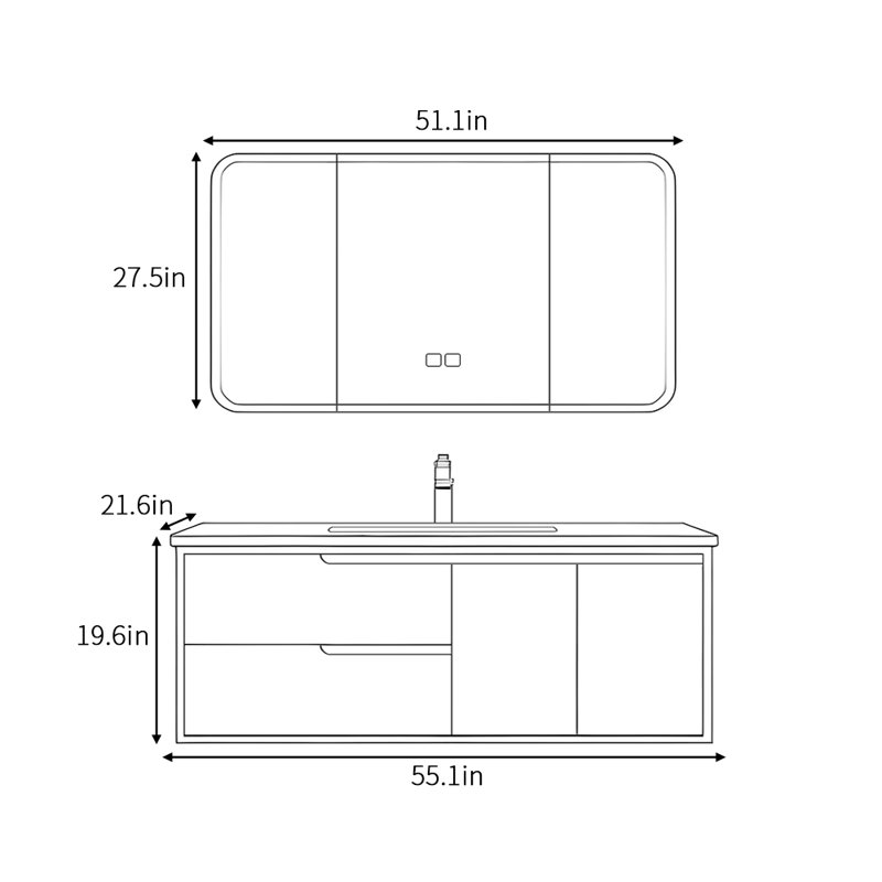 Minimalist retro style bathroom cabinet, 19.6" H x 55.1" W x 21.6" D