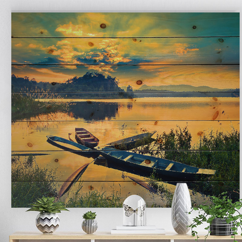 «bateau on water twilight after printing after coucher, H 15 po x l 20 po x P 1 po, Bois