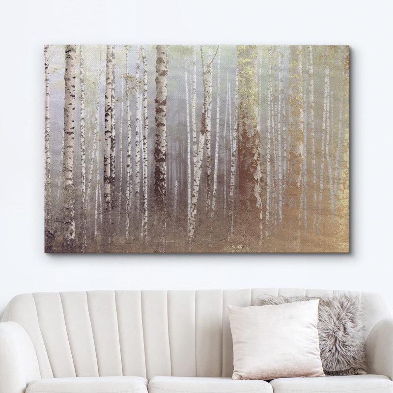 Aspen Birch Foggy Autumn White Birch Tree Forest Nature Landscape Technique mixte sur toile, Toile tendue