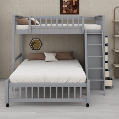 Modern  Bunk Bed with Six Drawers, Flexible Shelf  and Wheels on Lower Bunk