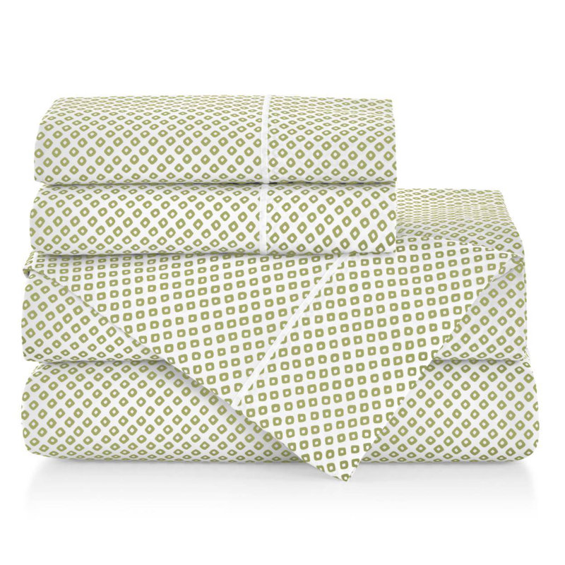 Emma 300 Thread Count Geometric 100% Cotton Sateen Sheet Set, King Sheet Set + 2 Pillowcases, Blue
