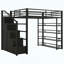 Lit mezzanine double en métal avec tablettes de rangement, garde-robe et escalier-687266172