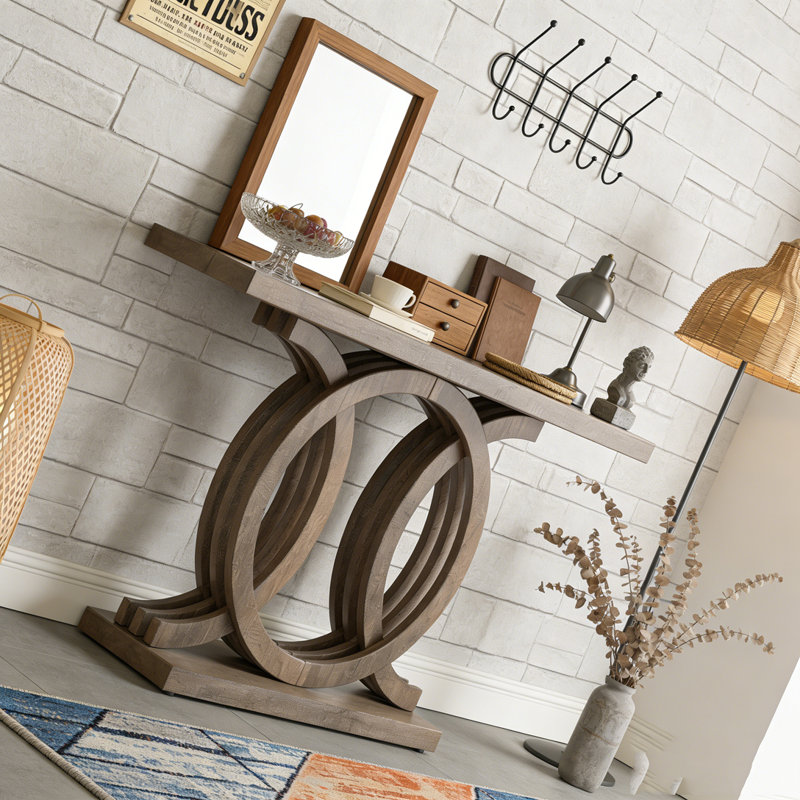 Farmhouse Hallway Sofa Table With Geometric Base, Brown