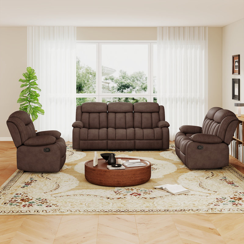 Ensemble de salon inclinable manuel en microfibre 3 pièces 3 pièces, 3 pièces: canapé, causeuse, fauteuil, Brun
