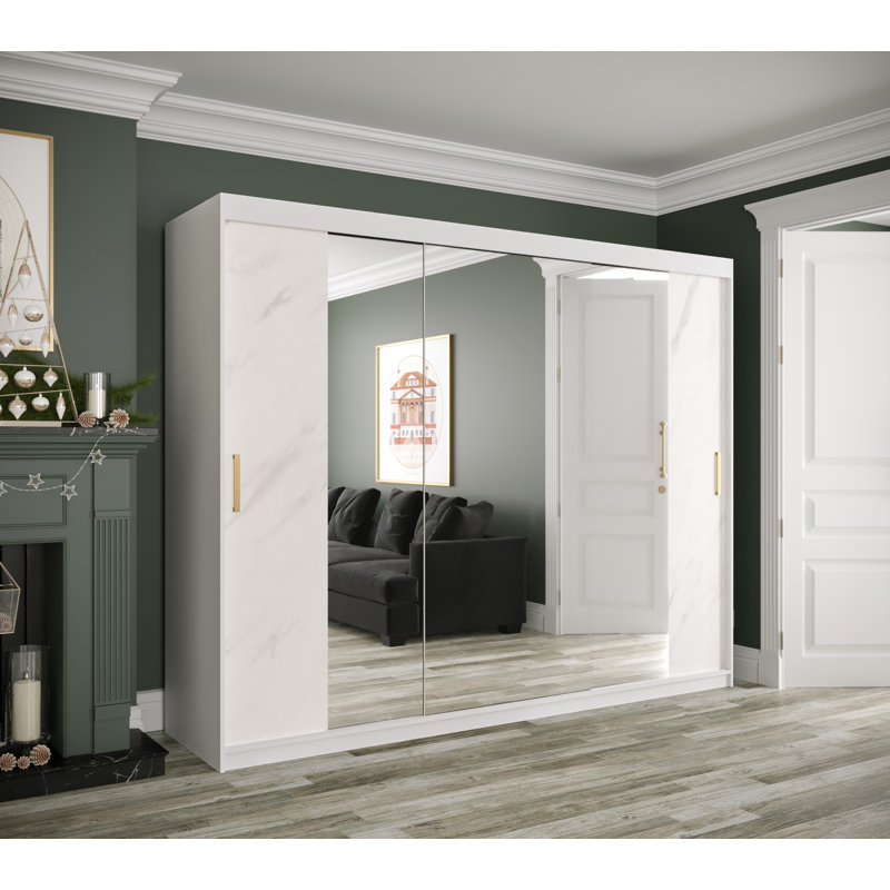 Amandajean Manufactured Wood Wardrobe, 200cm H x 250cm W x 62cm D, White Matt/White Matble