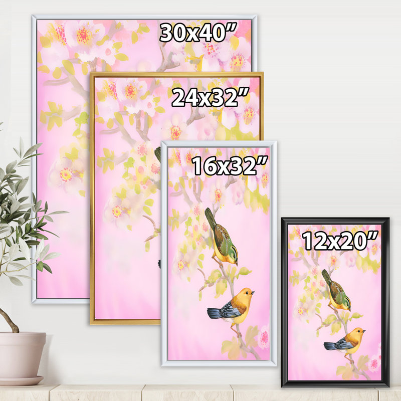 «Beautiful Bright Brights on Branch», peinture sur toile, H 32 po x l 16 po x P 1 po, Encadrement doré