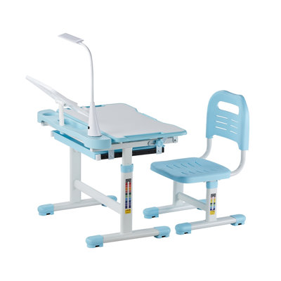 Ensemble bureau et chaise ajustables pour enfants avec bureau inclinable et lampe de bureau, poste d'écriture en MDF bleu pour chambre à coucher