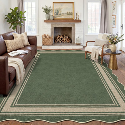 Scalloped Washable Indoor Outdoor Area Rug - Modern Faux Jute Look, Non-Slip, Low Pile, mark Resistant Carpet for Patio, Living Room, Under Table - Green, 8x10ft (244x305cm)