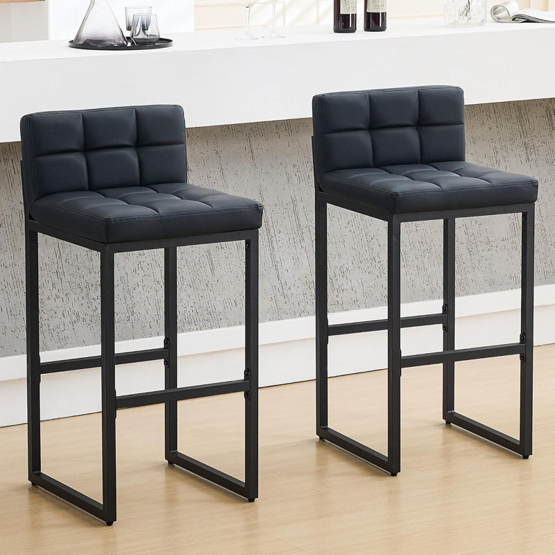 Tabouret de bar rembourré à dossier bas avec structure en métal épaissie pour îlot de cuisine, Noir, 2